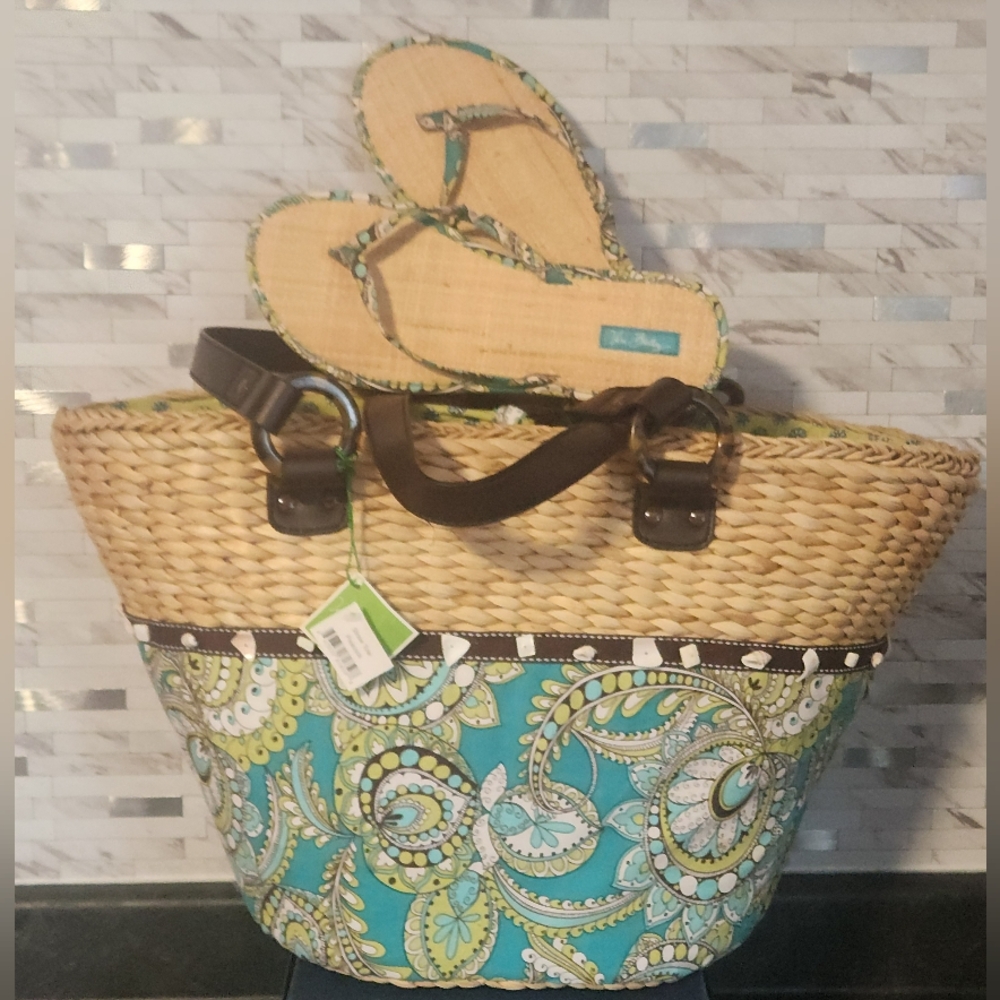 Vera Bradley Colorful Paisley Tote Bag with Matching Flip Flops NWT